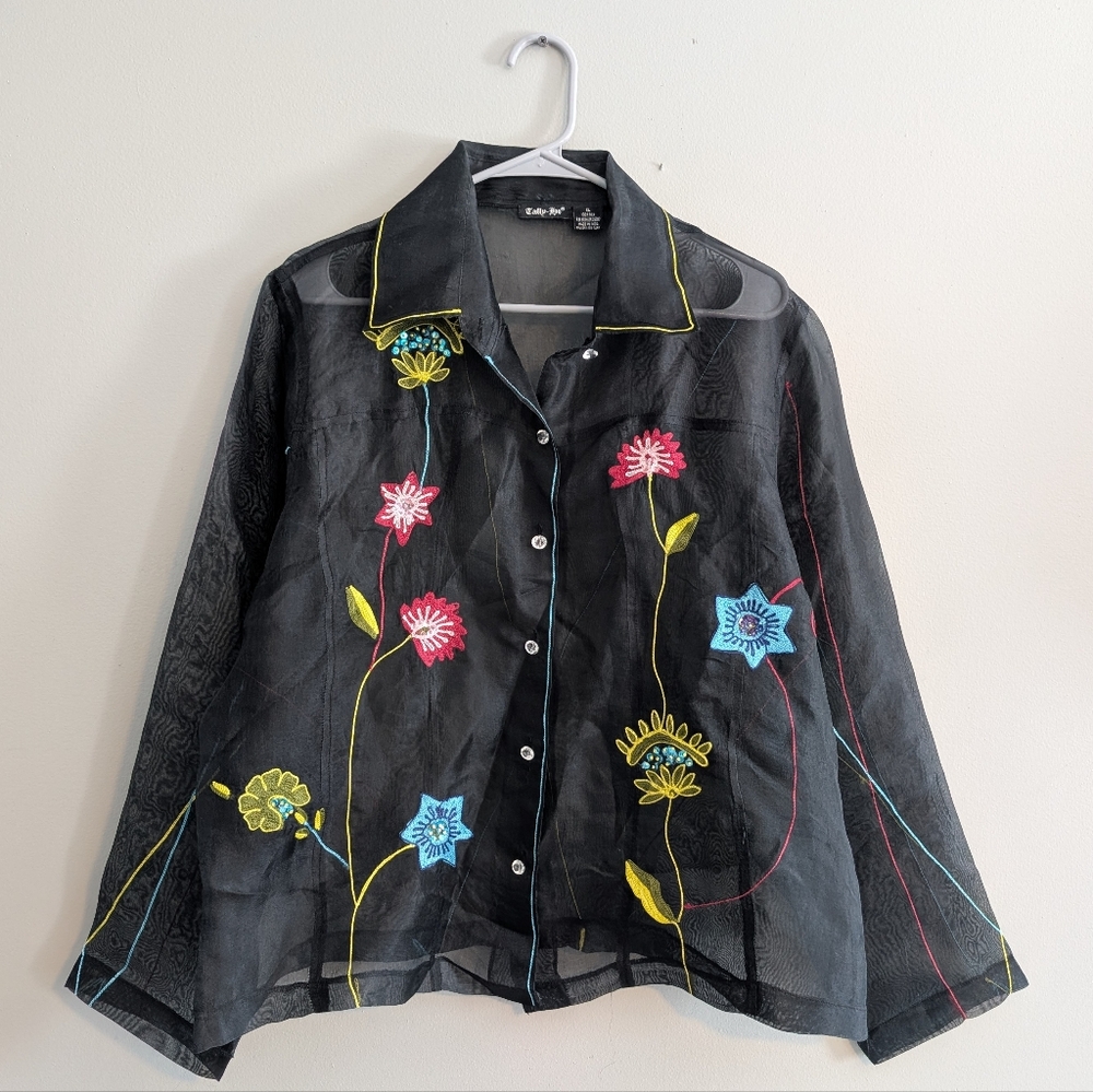 Tally Ho Sheer Silk Jacket with Colorful Floral Embroidery